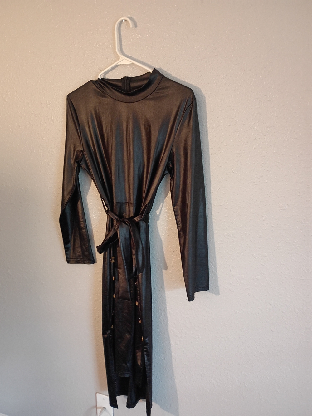 Faux Leather Black Long-Sleeve Midi Dress with Waist Tie